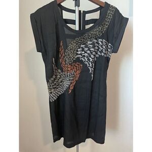 Poema Embroidered Black Dress Semi Sheer Cap‎ Sleeve SIZE M